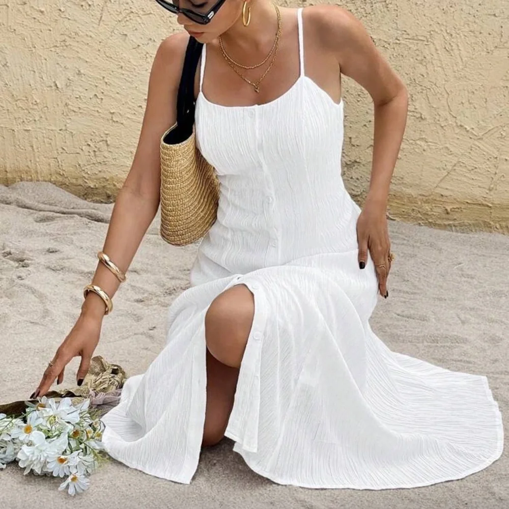 Textured button down front cami midi dress bohemian white prairie dress - Picture 6 of 6